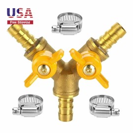 sashow 3/8" Hose Barb Ball Valve Y Shaped 3 Way Connector Barb OD 10-11mm Brass Fitting