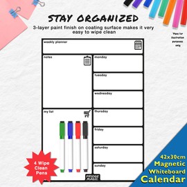 Magnetic Whiteboard for Fridge: Multi-Functional Weekly Planner, Meal Planner, and Calendar, 42x30cm with Colourful Erasable Pens