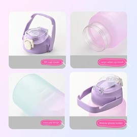 2L Half Gallon Motivational Water Bottle With Decorative Stickers, Motvational Quotes, TIme Markings, Phone Stand, Straw, Leakproof Seal, Gradient Colour, Sports, School, Office (Pink-Blue)