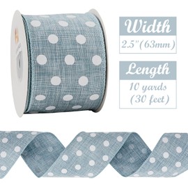 HUIHUANG Denim Blue and White Polka Dot Wired Ribbon 2-1/2 inch, Wire Edge Dots Burlap Ribbon for Wreath Supplies Bows Making DIY Crafts Home Outdoor Decor -Continuous 10 Yards