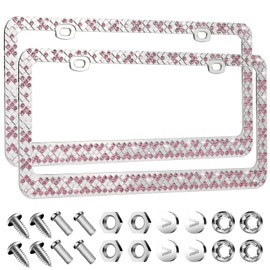 Valor 2 Pack Pink Bling Crystal Car License Plate Frames for Women, Handcrafted Sparkly Diamond License Plate Cover, Glitter Glass Rhinestone Car License Plate Holder, Zinc Alloy Frame with Screw Caps
