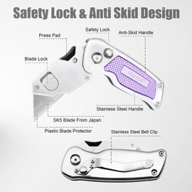 Harita Box Cutter Utility Knife Cutter Knives with Quick Change Blades, Back-lock Mechanism, Portable Belt Clip, Heavy Duty Razor Knife with 5-piece Extra Blades (Purple)