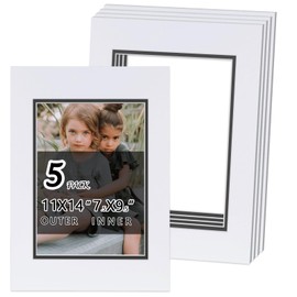 Falling in Art 11 * 14 Acid-Free Picture Double Mats for 8 * 10 Photos, White Core Bevel Cut Matting for Prints, Artwork, and DIY Projects, 5 Pack, White Over Black