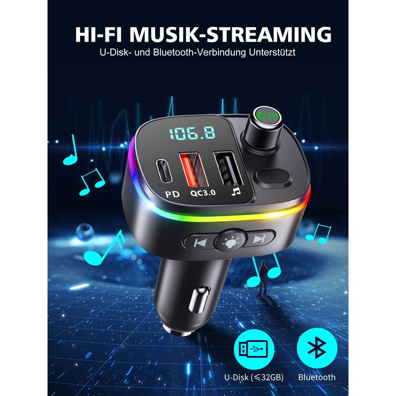 Mohard Bluetooth Adapter Auto, PD 18W&QC3.0 FM Transmitter Auto, 9