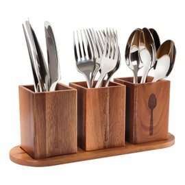 Qivine Acacia Wood Utensil Holder, Wooden Silverware Holder Countertop Utensil Organizer Silverware Organizer with Tray, Kitchen Utensil Organizers for Forks, Spoons, Knives (Acacia)