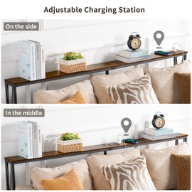 ELYKEN 5.9" Narrow Console Sofa Table with Power Outlets, 5.9" Dx70.9 Wx31.5 H Long Skinny Behind Couch Table with Charge Station and 6.5'Extension Cord, Rustic Brown