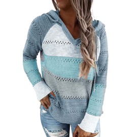 GOLDPKF Ladies Jumpers Oversized Hoodie Long Tops to Wear with Leggings Cute Hoodies Striped Jumper Comfortable Chunky Knitting Patterns for Women Sweater for Women Polo Tops Blue XL UK 18 UK 20