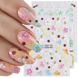 3 Sheets Flower Nail Stickers 5D Embossed Multi-Color Floral Design Nail Decals Self-Adhesive Insect Nail Art Stickers for Women Spring Nail Art Supplies Acrylic Nails Decoration Accessories