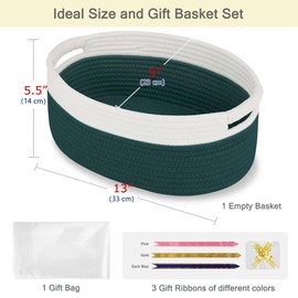 BOSROTY Small Woven Basket with Gift Bags and Ribbons, Empty Gift Basket, Basket for Gifts, Gift Basket for Women Men, Nursery Baskets, Small Cat Dog Pet Toy Basket, 33 x 23 x 14 CM, Dark Green