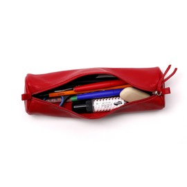 Clairefontaine - Ref 8308C - Coloured Leather Round Pencil Case - 22cm x 5.5cm, Made From Genuine Lambskin Leather, Metal Zip With Leather Puller - Red