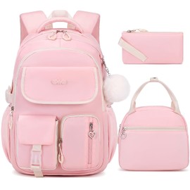 DIGOBAY Backpacks for Girls, 3PCS School Backpack with Lunch Box Pencil Pouch for Teen Girls Kids Elementary Primary Middle High College School Bookbag Set （Pink）