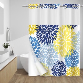 WITHLOC No Hook Shower Curtain with Snap in Liner - Dahlia Floral Shower Curtain - Fabric Waterproof Inner Liner, Plants Yellow Flowers Cloth Shower Curtains - Machine Washable, 71"W x 74"H / 71"W x 86"H - Color: Pink, SIZE: 71"W x 74"H