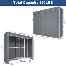 Ulif E12C Heavy Duty Closet Organizer System，Freestanding Clothing Racks for Hanging Clothes，Adjustable Garment Rack 71" W x 16" D x 76.5" H Hold 960 lbs，White Clothing Rack with Grey Dustproof Cover