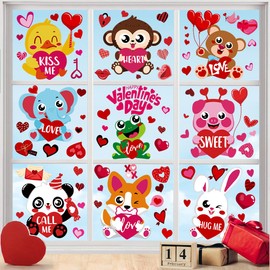 XOYTN 9 Sheets Valentines Window Clings，Pink Reusable Valentines Animals Window Stickers Decals for Valentine's Day Home Wedding Office School Decorations