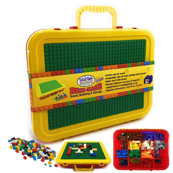 Matty's Toy Stop Brik-Kase 2-GO 13" Travel, Building, Storage & Organizer Container Case with Building Plate Lid (Holds Approx 1,500pcs) - Compatible with All Major Brands (Red, Green & Yellow)