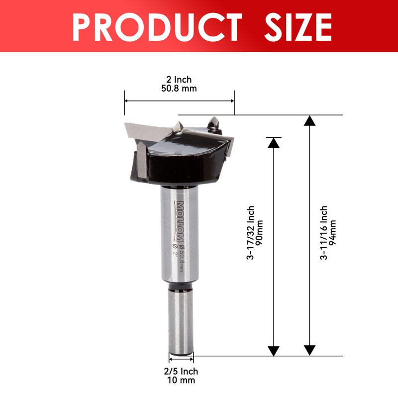 Mollom 2" (50.8mm) Forstner Drill Bit for Precise Woodworking with