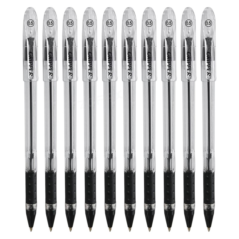 Gripper Ballpoint Pens, BLACK, Fine Point (0.5mm), Pack of 10,