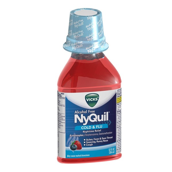 Vicks Nyquil Cold & Flu Nighttime Relief Liquid, Alcohol Free, Berry Flavor 12 oz (Pack of 12)
