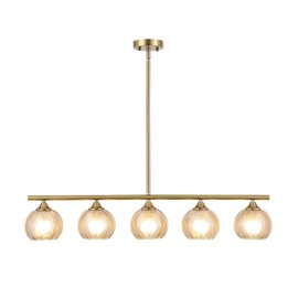 BYOLIIMA Modern Brushed Brass Linear Chandelier Amber Ribbed Glass Shade 5-Lights Gold Mid Century Sputnik Globe Pendant Light Farmhouse Ceiling Hanging Light Fixture Dining Room Kitchen Island