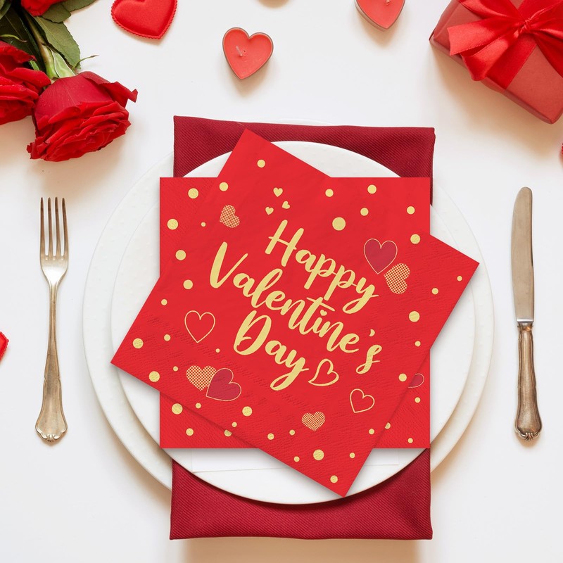 JarThenaAMCS 50Pcs Happy Valentine's Day Cocktail Napkin Red Gold Heart