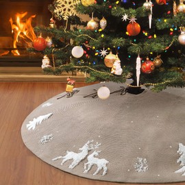 LOMOHOO Christmas Tree Skirt 36 Inches Knitted Tree Skirts Thick Rustic 3D Elk Knit Xmas Tree Skirt for Christmas Decorations Indoor Outdoor Holiday Party