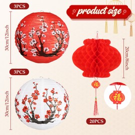 Chinese New Year Decorations 26Pack,12in plum blossom Red white Paper Lantern with Tape and String,8in japanese decor for New Year Eve Decor,Home,Restaurant Party