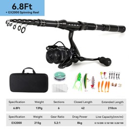 Yuzhiyuan Fishing Rod Reel Combo with Telescopic Fishing Pole Spinning Reel Carrier Bag for Travel Saltwater Freshwater Fishing (6.8 ft)