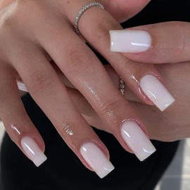Milk White Press on Nails Short Medium Square Glue on Nails Set,KQueenest Solid Color Fake Nails Short Coffin Acrylic Nails Press on Gel Nails for Women Summer Reusable False Nails in 24 Pcs