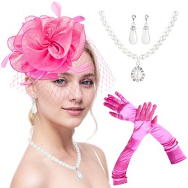 ONEPEACE Fascinators Hats for Women - Perfect for Tea Parties, Church Events - Derby Hat with Gloves and Earrings (US, Alpha, One Size, Blush Pink)