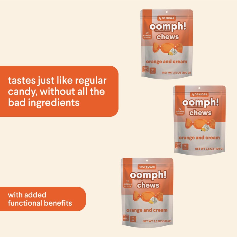 Oomph! Sweets Orange & Cream Low Sugar Taffy, High Fiber