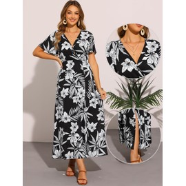 Allegra K Short Sleeve Tropical Dress for Women's Slit Wrap V Neck Maxi Floral Dresses Large Black