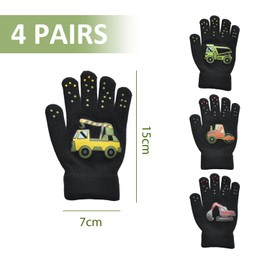 HDGSAFD 4 Pairs of Gloves with Construction Vehicle Pattern, Children's Gloves, Cute Gloves, Warm Gloves, Soft Knitted Gloves, black, M