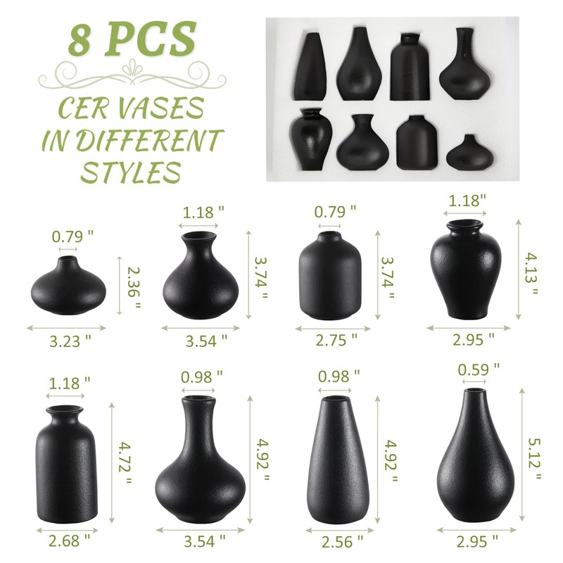 Small Black Vases Set of 8 - Mini Ceramic Bud
