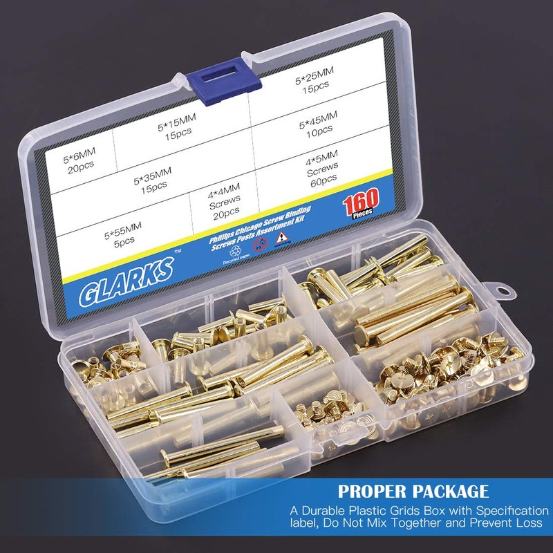 Glarks 80 Sets Chicago Screws Assortment, M5 x 6/15/25/35/45/55 Brass