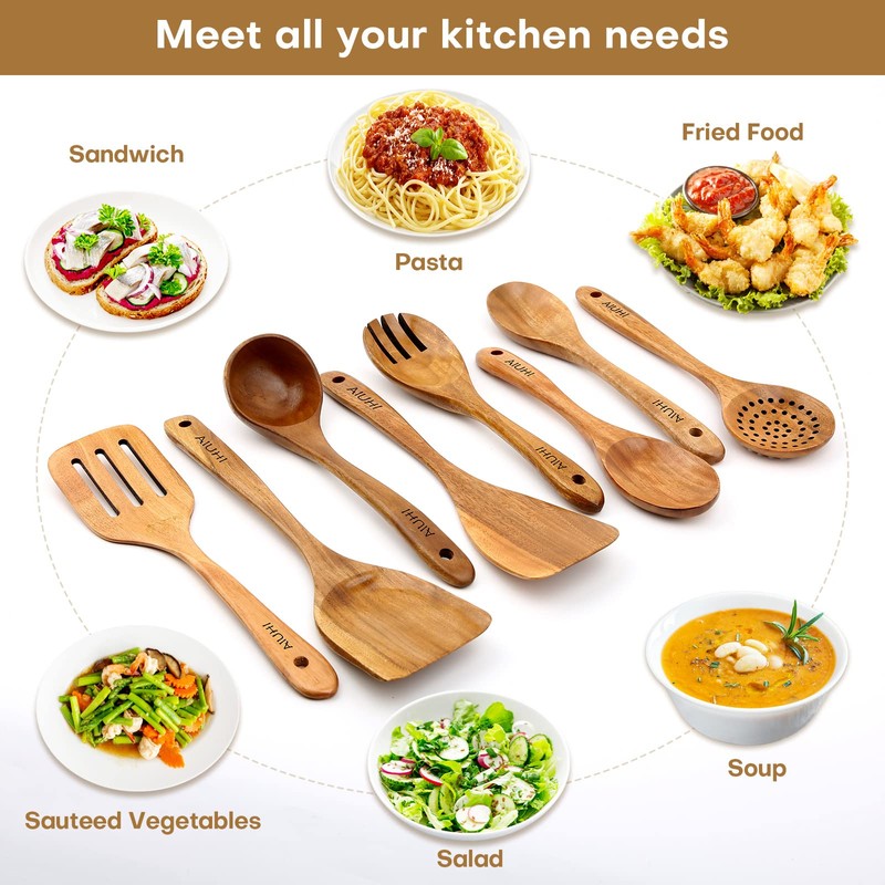 AIUHI Wood Spoons for Cooking, Nonstick Kitchen Utensil Set, Wooden