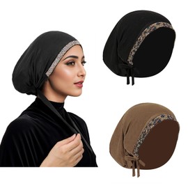 2 Pcs Muslim Inner Hijab Caps for Women Girls, Chic Shiny Rhinestones Beanie Turban Underscarf Hijab Under Caps Breathable Full Cover Undercap Tube Bonnet Scarf Under Hats Bonnets