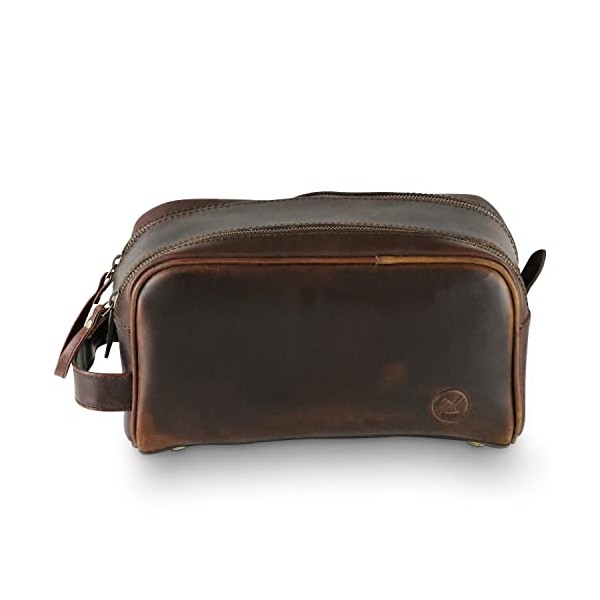 Northridge Leather - Premium Authentic Leather Toiletry Bag (Double Zip, Brown)