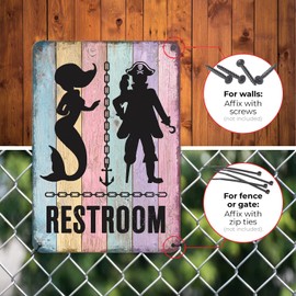 HYBLOM Mermaid Bathroom Decor - Pirate Themed Restroom Signs - Vintage Nautical Wall Decor - Funny Beach Toilets Door Signs Metal Aluminum 12x8 Inches