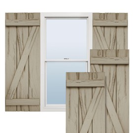 Ekena Millwork 16 1/2"W x 42"H Rustic Three Board Joined Board-n-Batten Riverwood Faux Wood Shutters w/Z-Board (Per Pair), Primed Tan