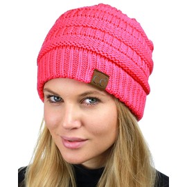 C.C Unisex Chunky Soft Stretch Cable Knit Warm Fuzzy Lined Skully Beanie, Candy Pink