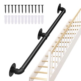 Seeutek Stair Railing 6.6FT Staircase Handrails for Indoor Stairs Hand Railings for Stairs Metal Railing Black Wrought Iron Pipe Handrail with Wall Mount Support