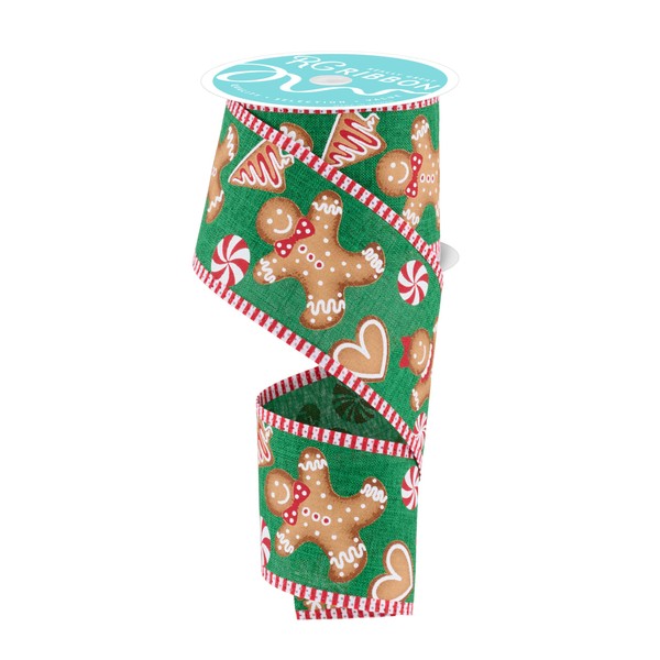 Gingerbread Cookie Themed Wired Ribbon with Candy Cane Striped Edges