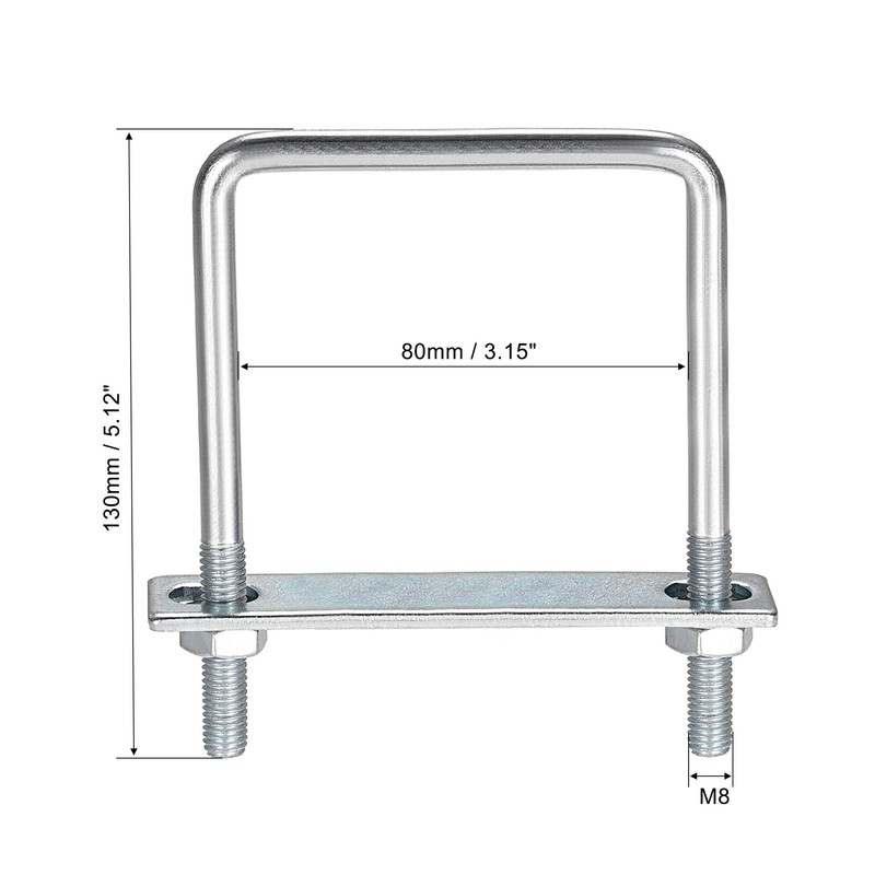 sourcing map Square U-Bolts 3-1/8"(80mm) Inner Width Carbon Steel M8