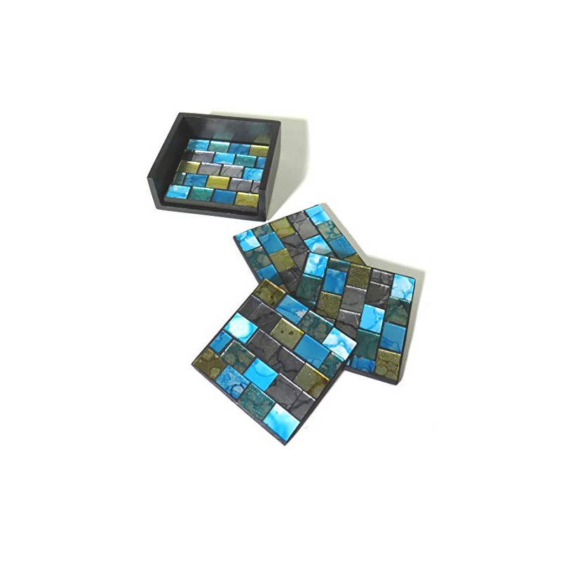Blue and Gold Mosaic Set of 4 Square Coasters