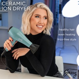 Sassy Ceramic Ion Hair Dryer, 1875-Watt Salon Dryer with Concentrator and Diffuser, Multiple Heat Settings and Cool Shot (Aqua)