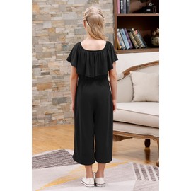 GORLYA Girls Scoop Neck Ruffle Overlay Jumpsuit Rompers Casual Loose Long Wide Leg Jumper Outfits 4-14T (GOR1150,Black,10Y)