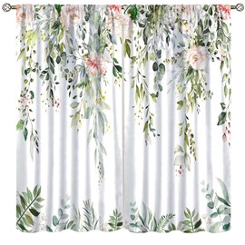 AAVEUP Eucalyptus Botanical Leaves Pink Rose Floral Curtains for Kitchen Nature Spring Fresh Flowers Print Window Treatments for Girls Bedroom Living Room Bathroom 41x44.5in（No Blackout）