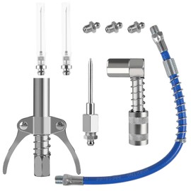 9PCS Grease Accessory Kit, Grease Coupler with Double Handles Coupler,90°Grease Coupler Adapter,Recessed Fitting Adapter,2 Needle Nozzles,3 Zerk Fitting,12" Flex Hose for Hard-to-Reach Fittings
