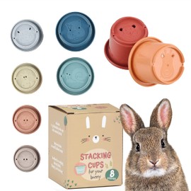 [8 PC] Stacking Cups for Rabbits - Wheat Straw Rabbit Toys with Cute Animal Designs - Bunny Stacking Cups to Play with Rabbits - Nesting Toys for Rabbits to Keep Busy - Graduated Sized Stackable Toys