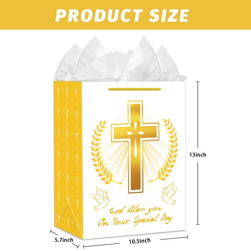 JUESMOS Gold Cross Religious Gift Bag 13" Christian Gift Bag